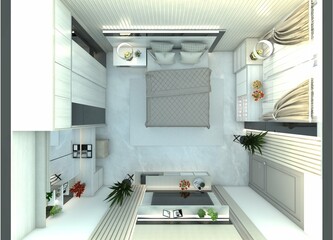 3D floor plan design for a minimalist bedroom interior with a wardrobe, dressing table, and TV cabinet.