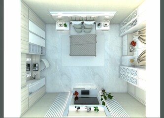 Detailed 3D floor plan concept for a bedroom interior designed in a minimalist style.