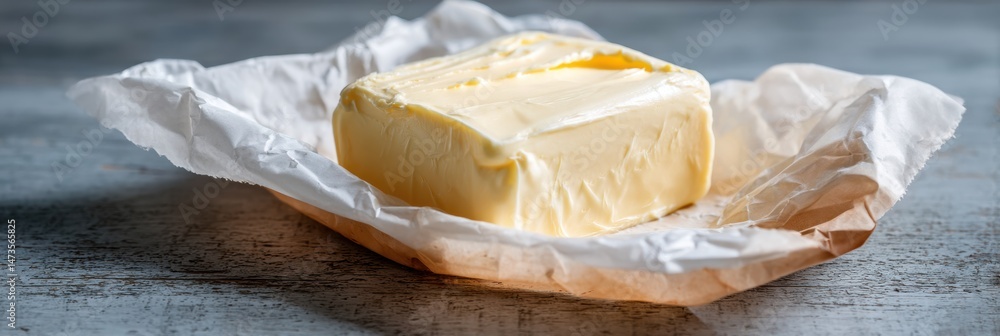 Poster Homemade Butter Wrapped in Paper on a Rustic Table Surface Showcasing Creamy Texture