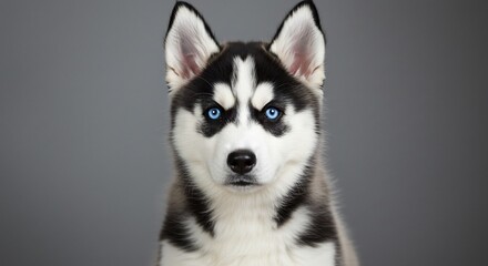 Obraz premium 凛とした瞳 白い毛並みのハスキー犬 灰色背景 鮮明なポートレート. AI Generated