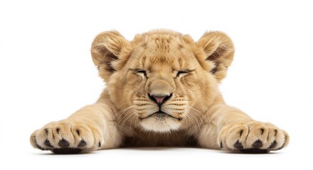 Obraz premium 白い背景 眠る子ライオン 柔らかな毛並み 平和な表情. AI Generated