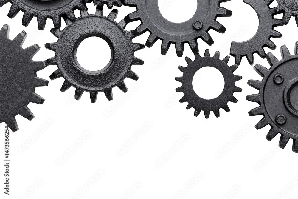 Poster mechanical gears in action workshop industrial image overhead view innovative engineering concept