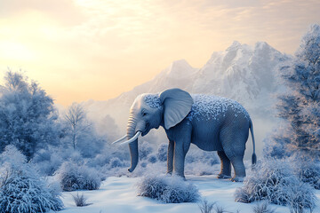 Fototapeta premium Majestic elephant standing in a snowy landscape with mountains in the background at sunrise