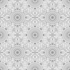 Mystical, sacred, natural motifs and abstract ornaments in a seamless pattern, black and white color palette with botanical, floral details and circular ethnic patterns.