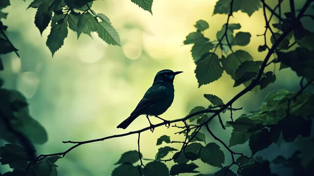 Nightingale perched on a branch singing amidst soft foliage at dusk, bird sings in the bush, the nightingale