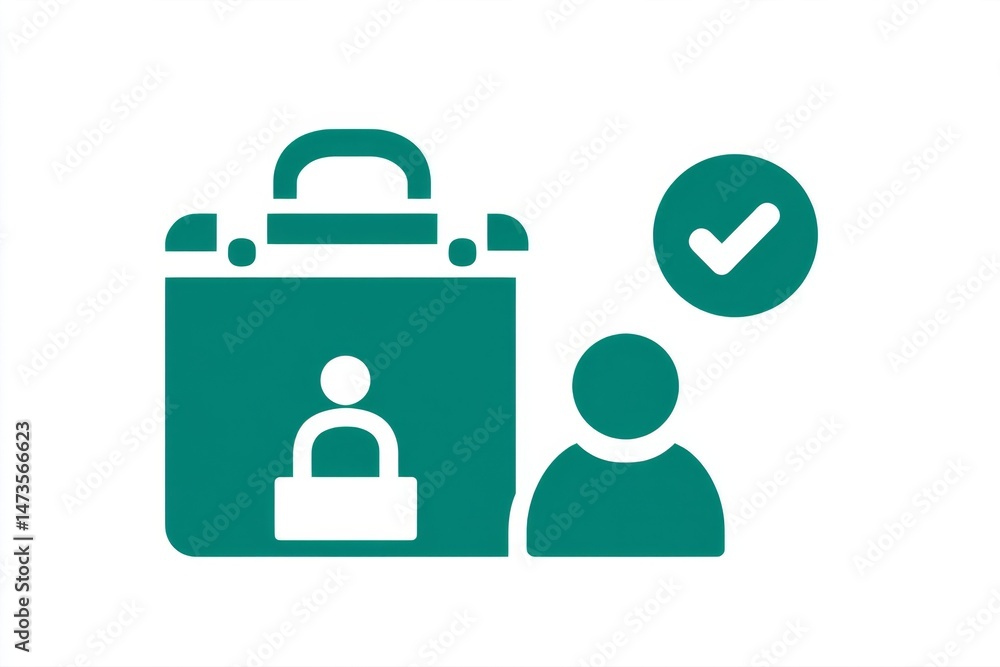 Poster a minimalist design of a briefcase icon beside a person silhouette with a checkmark above