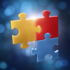 Obraz premium Colorful puzzle pieces illuminate against a blurred background, symbolizing connection and problem-solving in a creative, abstract style.