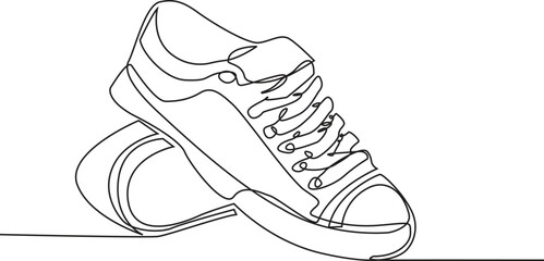 Continuous line drawing of casual sneakers shoes. Single one line art of sport shoes. Vector illustration, editable stroke.