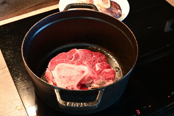 Beef Stew Preparation in Black Pot – Home Cooking Scene with Chuck or Shank Meat