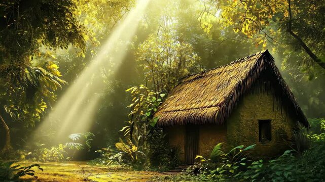 Hut nestled in the lush rainforest with sunlight filtering through the dense canopy, hut in the rainforest
