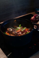 Close-Up of Sautéed Vegetables in Black Pot – Homemade Cooking Scene