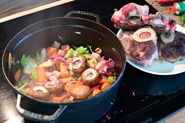 Close-Up of Sautéed Vegetables in Black Pot – Homemade Cooking Scene