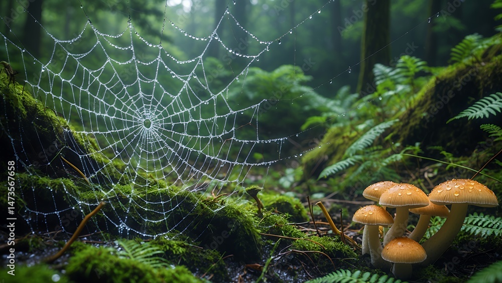 Poster exploring forest spiderweb with water droplets and group of mushrooms