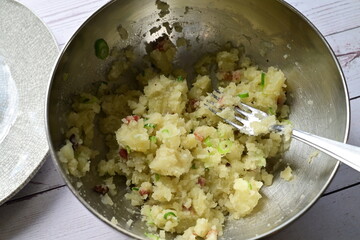 Homemade Mashed Potatoes with Bacon in Silver Bowl – Rustic Food Preparation