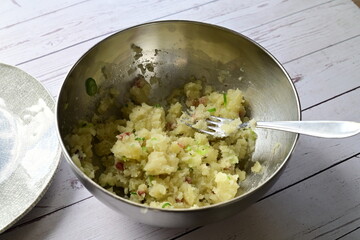 Homemade Mashed Potatoes with Bacon in Silver Bowl – Rustic Food Preparation