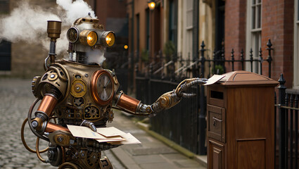 A steam-powered robot delivers mail, combining vintage technology with a futuristic twist in a charming, mechanical scene.