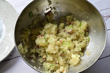 Homemade Mashed Potatoes with Bacon in Silver Bowl – Rustic Food Preparation