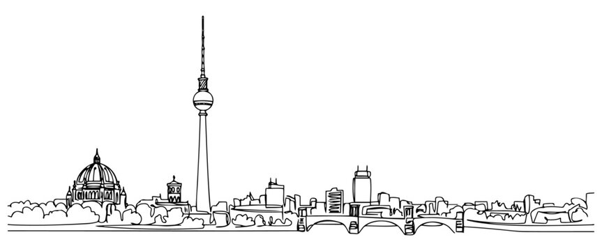 Berlin's TV tower, historic cathedral with bridge and various buildings in simple one line drawing. vector illustration