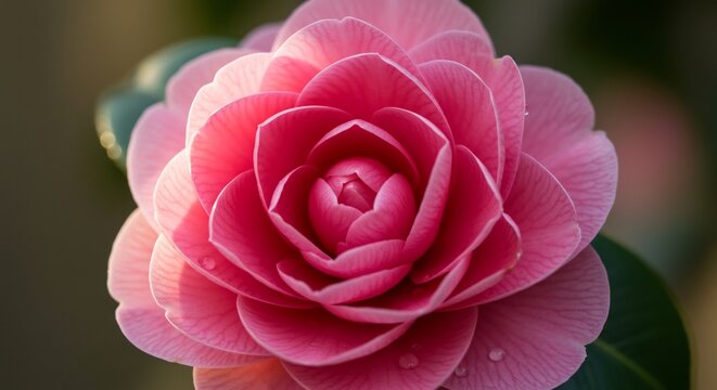 艶やかピンク椿 柔らかな光浴びて開花 This translates roughly to: "Lusterous pink camellia, blooming bathed in soft light". It's within the character limit and uses descriptive adjectives and verbs.. AI Generated
