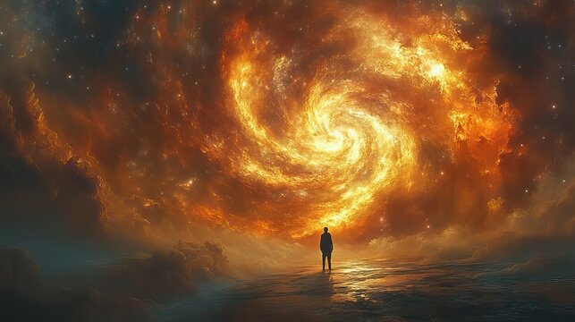 A lone figure standing on the edge of a vast, empty plain under a sky filled with swirling galaxies and cosmic dust, conveying a sense of solitude and wonder