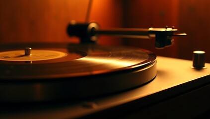 Obraz premium A close-up of a vinyl record spinning on a turntable with warm ambient lighting – evoking nostalgia, analog sound, and vintage culture.