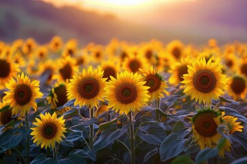 Fototapeta premium A vibrant field of sunflowers basks in the warm glow of a breathtaking golden sunset, creating a stunning landscape.