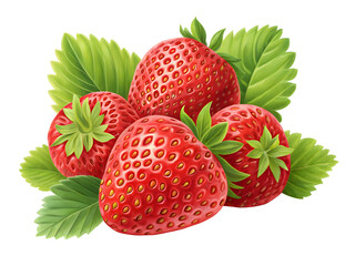 Close up illustration of ripe strawberries with vibrant green leaves against a black background