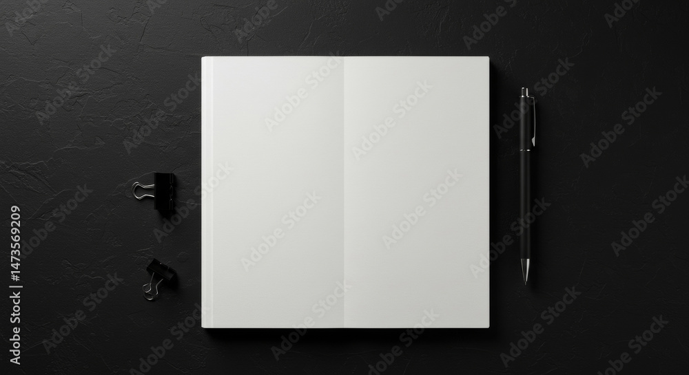 Poster blank open notebook with black pen and binder clips on a dark textured surface. empty notebook ready