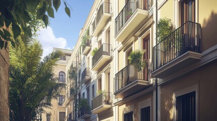 Stylish apartment buildings lining a sunny urban street.