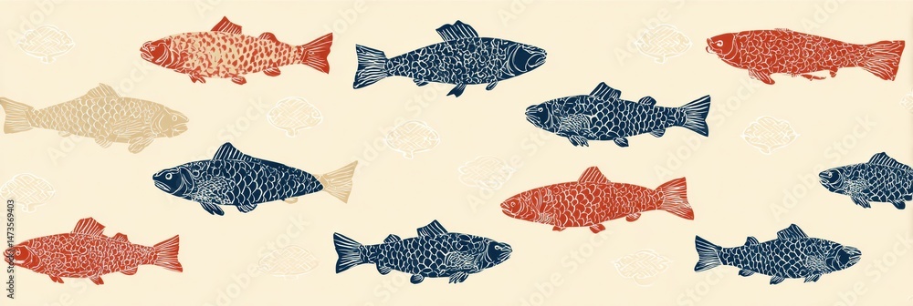 Poster japanese fish print pattern featuring various aquatic designs on a light background for artistic dec