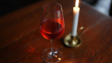 A close-up of a wine glass filled with red wine, subtly reflecting candlelight, evoking a cozy, elegant setting for relaxation.

