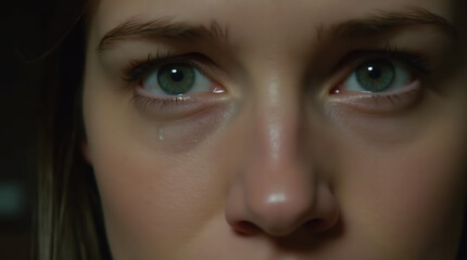 A close-up of a person's face captures raw emotion as a single tear rolls down their cheek, highlighting vulnerability and depth.