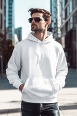 Obraz premium Stylish Young Man in White Hoodie and Sunglasses in Urban Setting