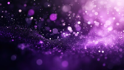 Abstract purple background with shimmering particles and bokeh.  A dynamic display of swirling, textured particles in shades of violet and deep purple, accented by glowing light effects