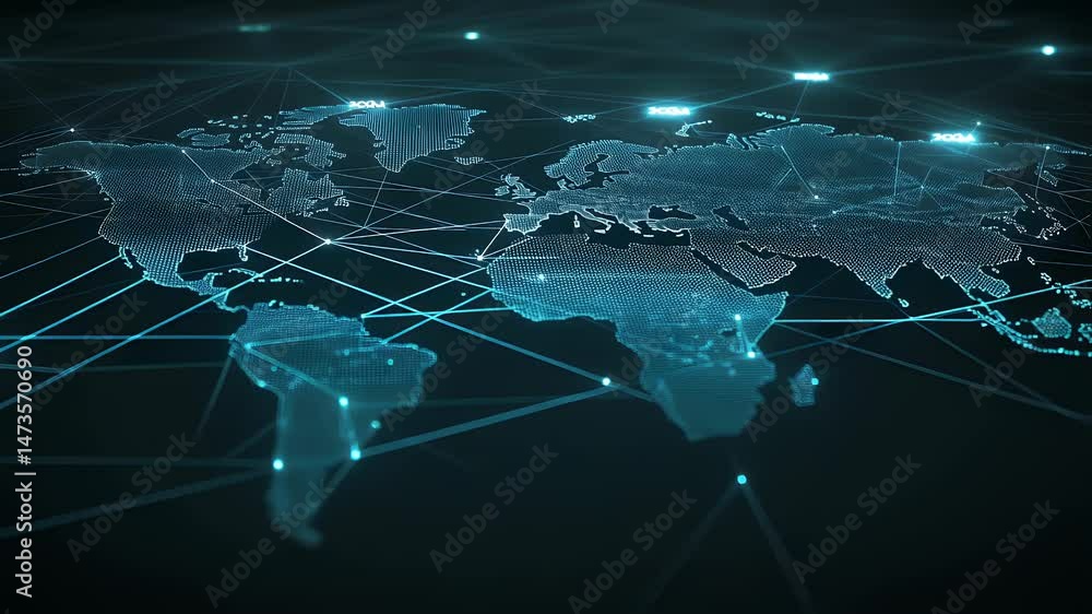 Poster global network map with glowing connections.