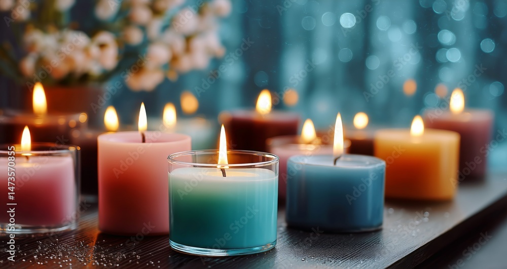 Poster colorful candles lit on a table creating a warm and inviting atmosphere in a cozy setting
