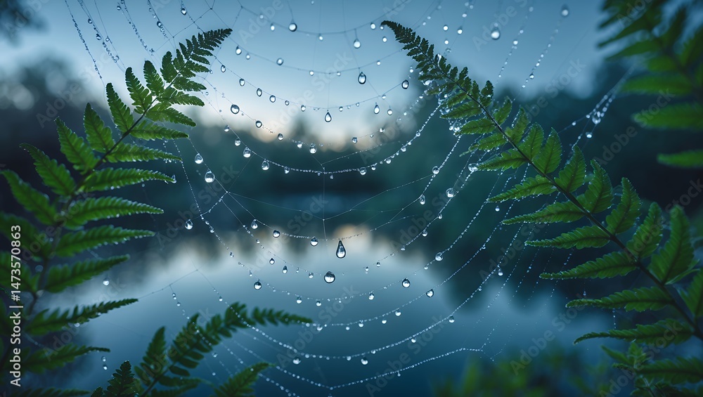 Poster dew drops on spiderweb with ferns reflecting in background water