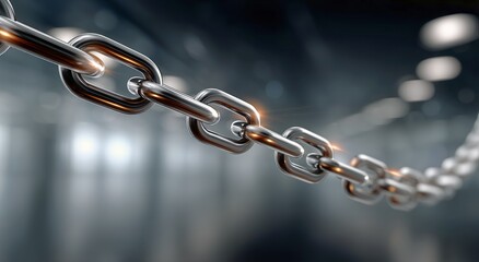 Obraz premium Metal Chain Links Arranged in a Row Glowing Under Bright Light