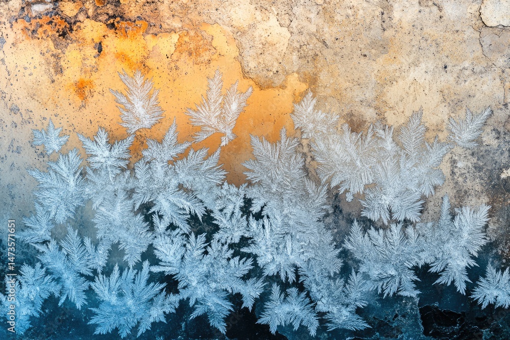 Poster icy floral patterns, frost ferns, bloom on a textured surface with a gradient background from tan to