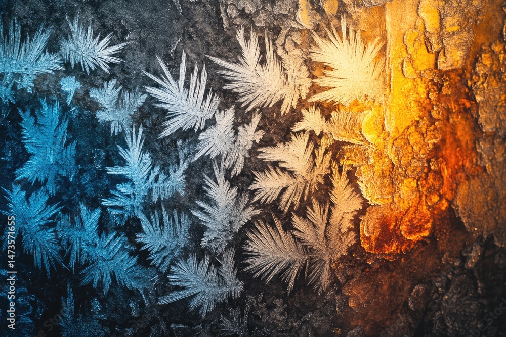 Poster frost patterns on glass transition from cool blue to warm orange light, creating a captivating wintr