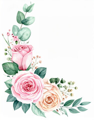 Fototapeta premium A delicate watercolor painting showcases a beautiful corner arrangement of pastel roses, lush green leaves, and intricate foliage.