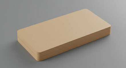 Stack of light beige recycled paper cards on gray surface. Presentation of blank paper cards with neutral background.