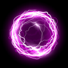 Plakat Light energy ball. Glowing purple power sphere with electric lightning effect on black background. Futuristic plasma ball, magic orb, game portal. Abstract vector illustration.
