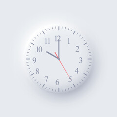 Minimal round wall clock with simple hour marks and modern design. Elegant analog clock in neomorphism style on light grey background. Vector illustration.