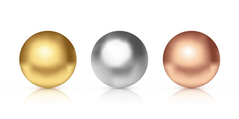 Metal balls. Gold, silver, bronze metallic spheres with reflections and shadows. First, second, third place awards or medal concept. Realistic vector illustration.