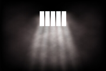 Light rays shining through prison bars in darkness with fog or smoke effect. Jail window background. Abstract vector illustration.