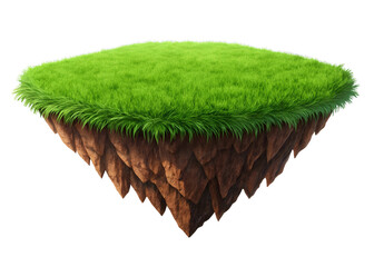 Floating island with lush green grass and rock formation isolated on black background