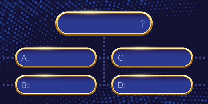 Quiz template. Trivia game layout. Question and answer blue frames with golden border for TV show or social media. Multiple choice test. Vector illustration isolated on abstract blue background.