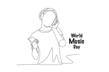 Woman listening to music on headphones. World music day concept one-line drawing