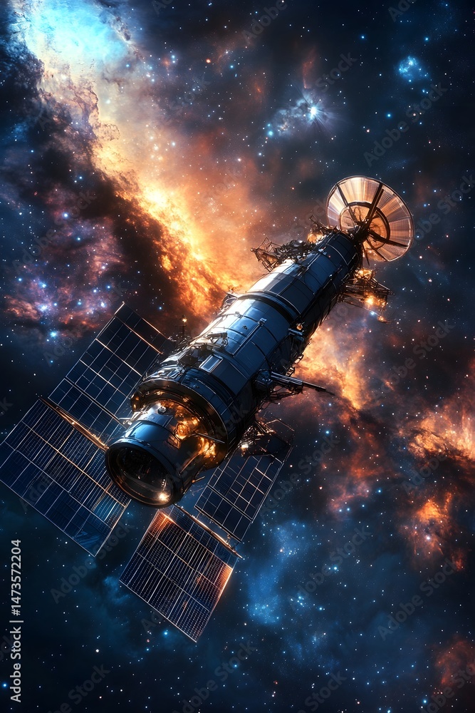 Poster deep space telescope with extended solar panels exploring the cosmos